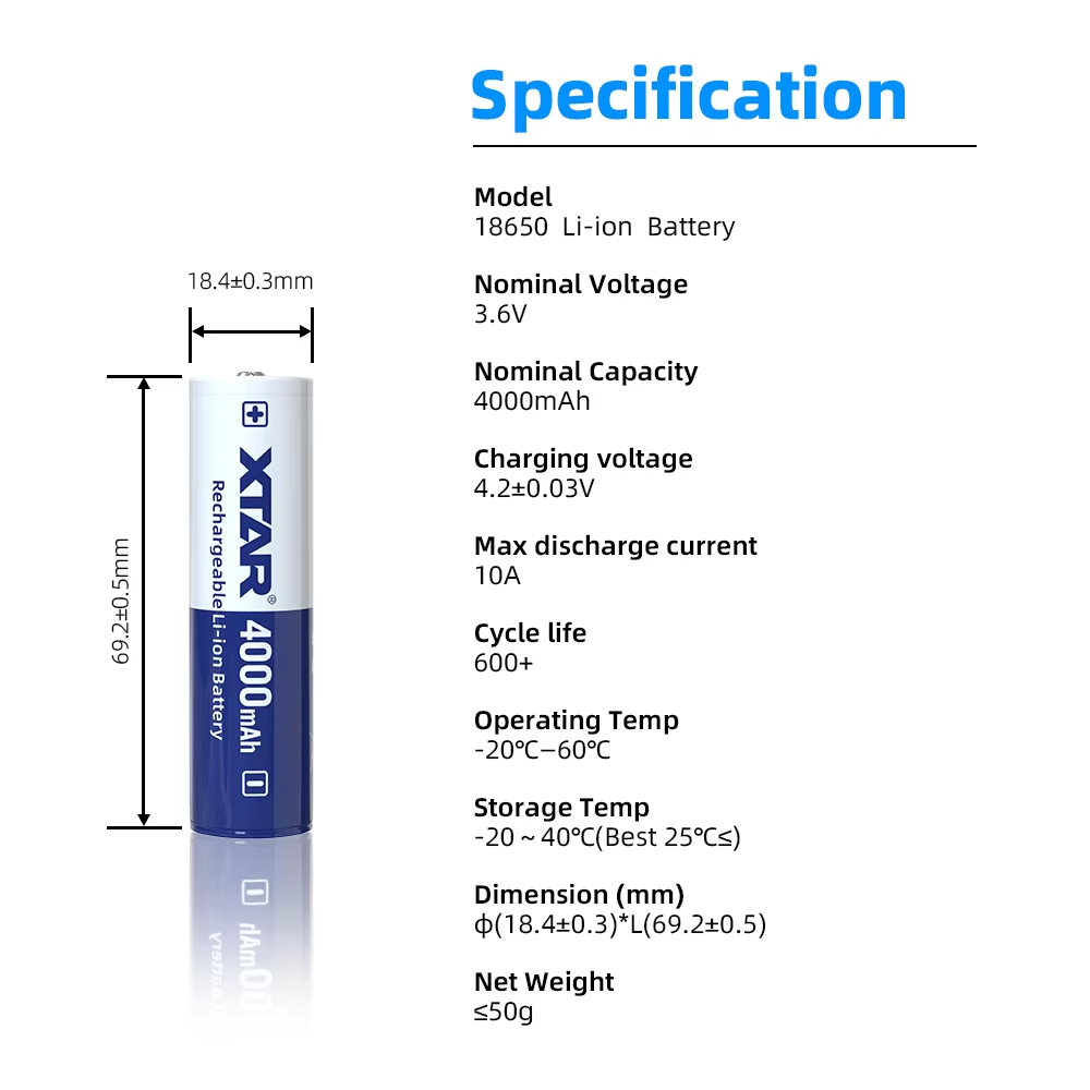 XTAR High Capacity 3.6V 18650 4000mAh 10A Protected Lithium ion Battery