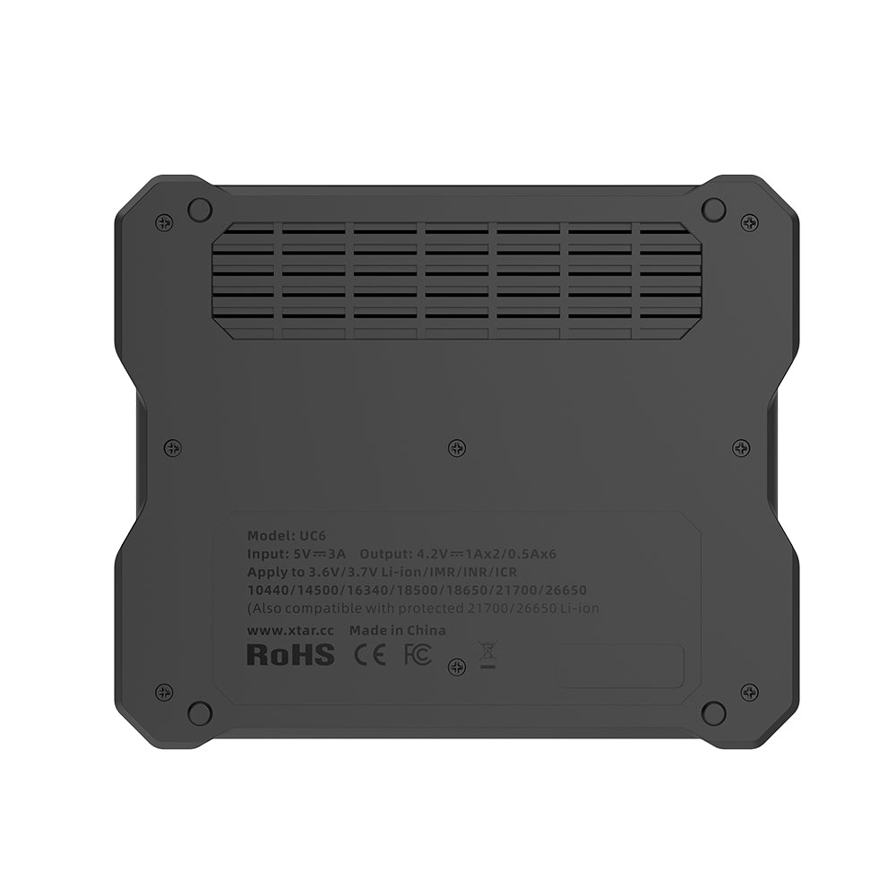 XTAR UC6 6-Bay 3.6V/3.7V Li-ion Battery Charger for 10440, 14500, 16340, 18650, 21700 battery