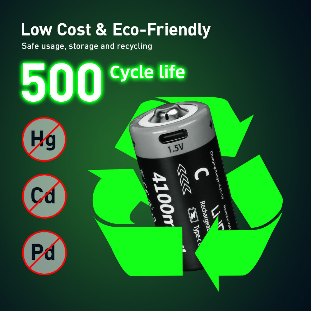 1.5V C size Lithium 4100mWh batteries 4-pack, Rechargeable lithium battery