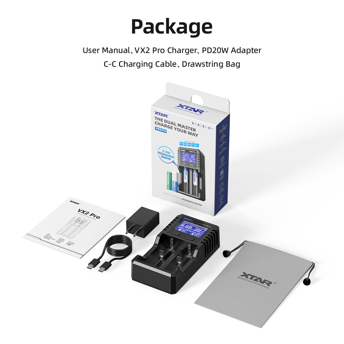 XTAR VX2 Pro Visible Mixer 1.5V/3.6V/3.7V Li-Ion& 3.2V LiFePO4& 1.2V Ni-MH Batteries Charger and Battery Capacity Tester