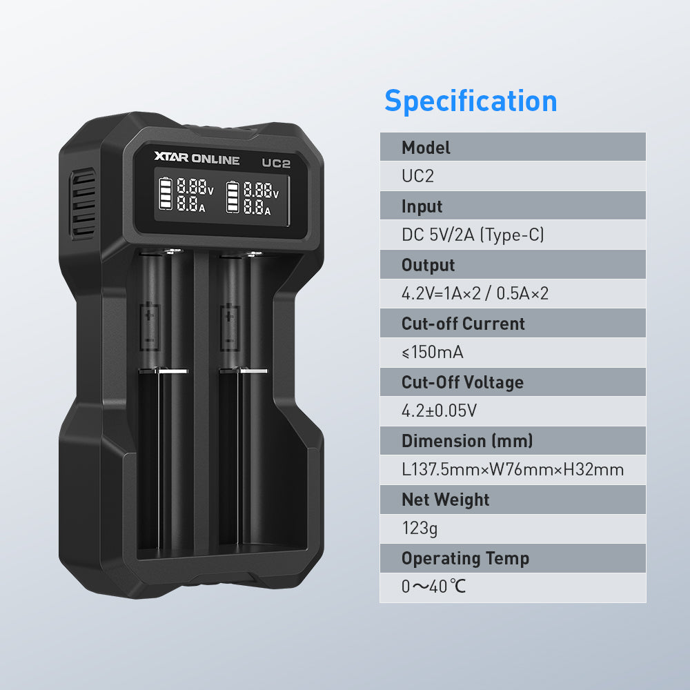 XTAR UC2 2-Bay 3.6V/3.7V Li-ion Battery Charger for 10440, 14500, 16340, 18650, 21700 battery