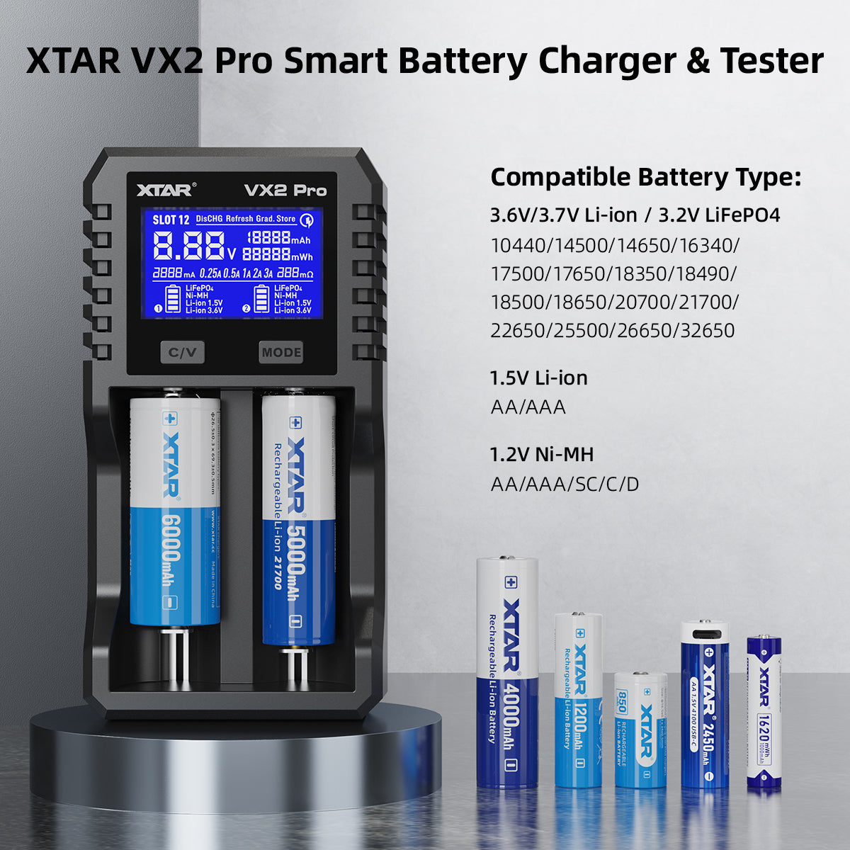 XTAR VX2 Pro Visible Mixer 1.5V/3.6V/3.7V Li-Ion& 3.2V LiFePO4& 1.2V Ni-MH Batteries Charger and Battery Capacity Tester