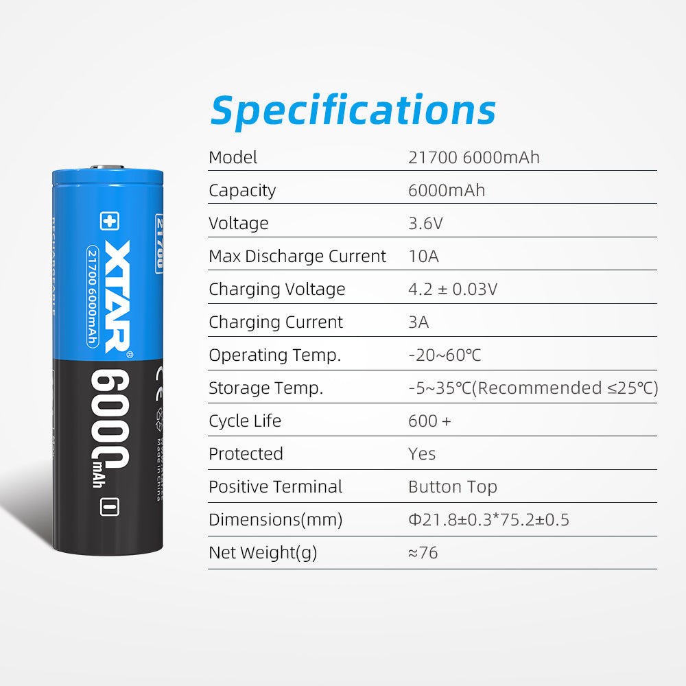 XTAR 21700 6000mAh 10A Lithium ion Battery for Flashlight