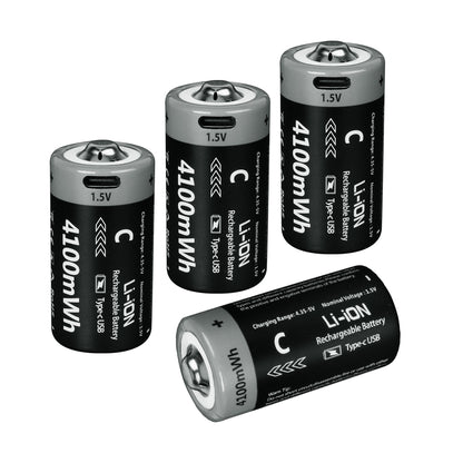 1.5V C size Lithium 4100mWh batteries 4-pack, Rechargeable lithium battery
