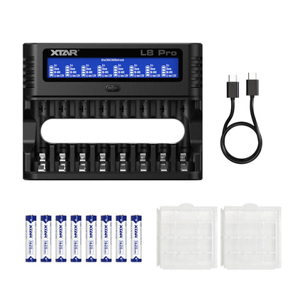 XTAR L8 Pro 8-Slot Smart Battery Charger – AA & AAA NiMH/Li-ion, LCD Display, USB-C