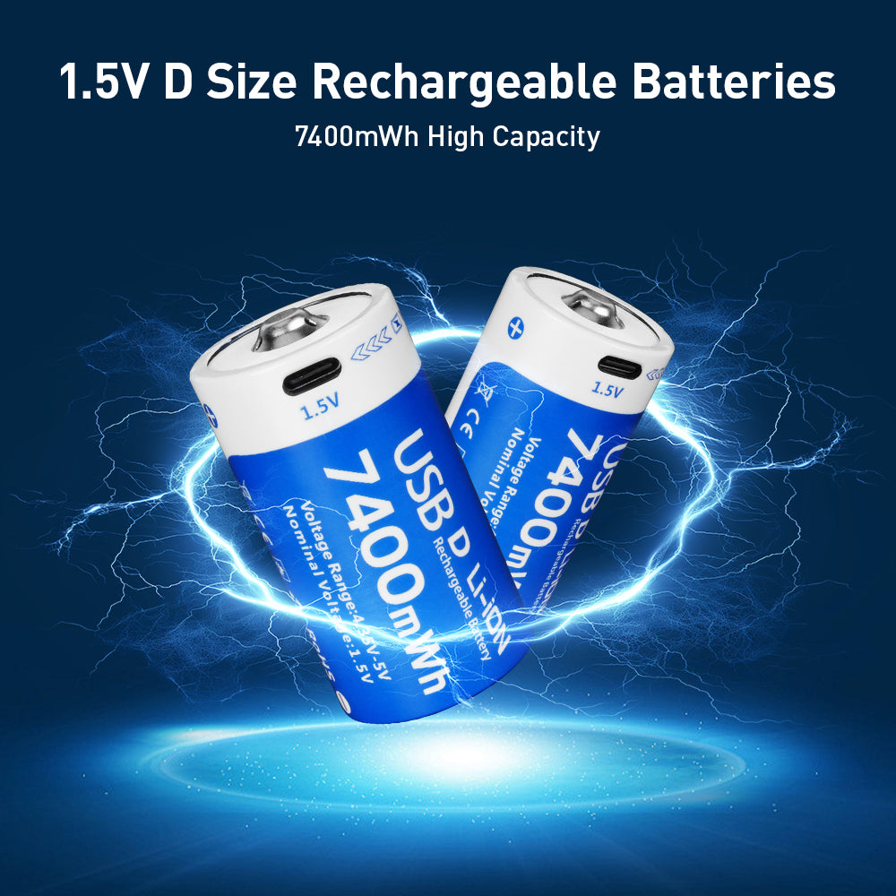 1.5V D size Lithium 7400mWh batteries 4-pack, Rechargeable lithium battery