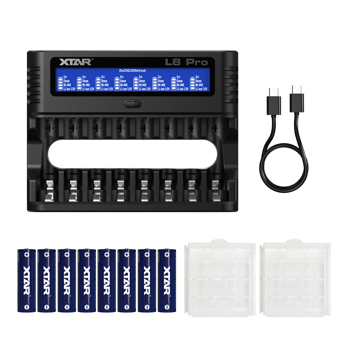 XTAR L8 Pro 8-Slot Smart Battery Charger – AA & AAA NiMH/Li-ion, LCD Display, USB-C