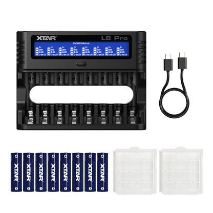 XTAR L8 Pro 8-Slot Smart Battery Charger – AA & AAA NiMH/Li-ion, LCD Display, USB-C