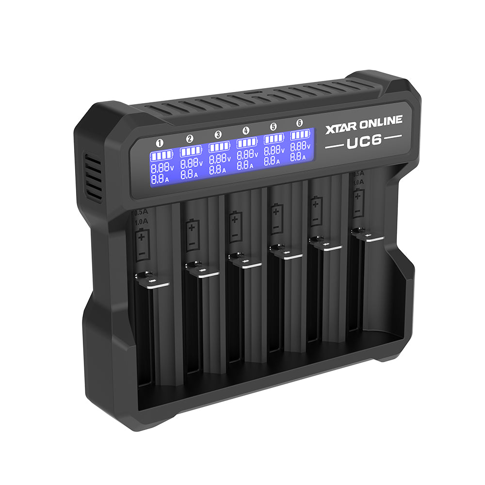 XTAR UC6 6-Bay 3.6V/3.7V Li-ion Battery Charger for 10440, 14500, 16340, 18650, 21700 battery