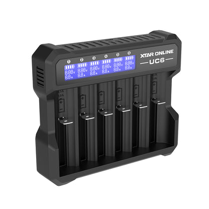 XTAR UC6 6-Bay 3.6V/3.7V Li-ion Battery Charger for 10440, 14500, 16340, 18650, 21700 battery