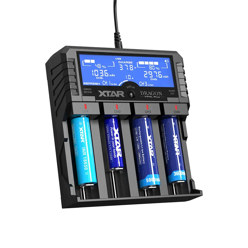 XTAR Dragon VP4L Plus Charger 4-Slots Intelligent Universal Battery Charger Analyzer tester for 14500 18650 21700 26650 32650 AAA AA C D Batteries 11.1V /3S Battery Pack