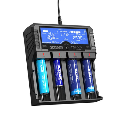 XTAR Dragon VP4L Plus Charger 4-Slots Intelligent Universal Battery Charger Analyzer tester for 14500 18650 21700 26650 32650 AAA AA C D Batteries 11.1V /3S Battery Pack
