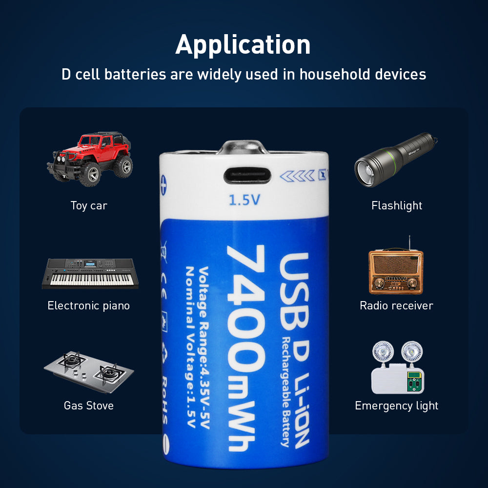 1.5V D size Lithium 7400mWh batteries 4-pack, Rechargeable lithium battery