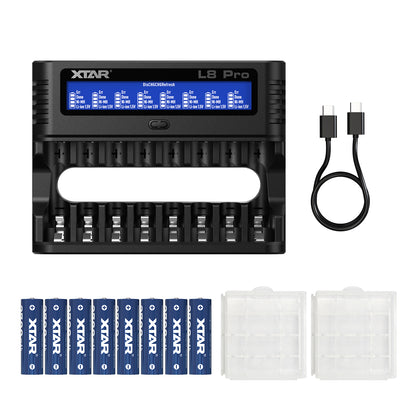 XTAR L8 Pro 8-Slot Smart Battery Charger – AA & AAA NiMH/Li-ion, LCD Display, USB-C