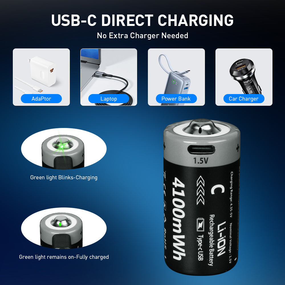 1.5V C size Lithium 4100mWh batteries 4-pack, Rechargeable lithium battery