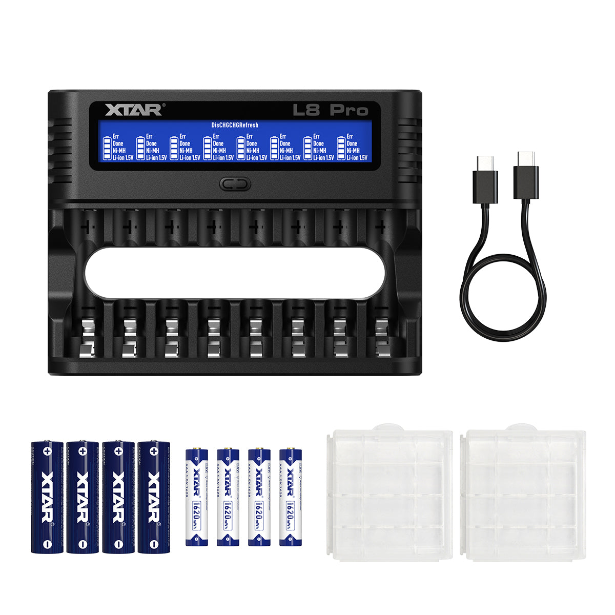 XTAR L8 Pro 8-Slot Smart Battery Charger – AA & AAA NiMH/Li-ion, LCD Display, USB-C