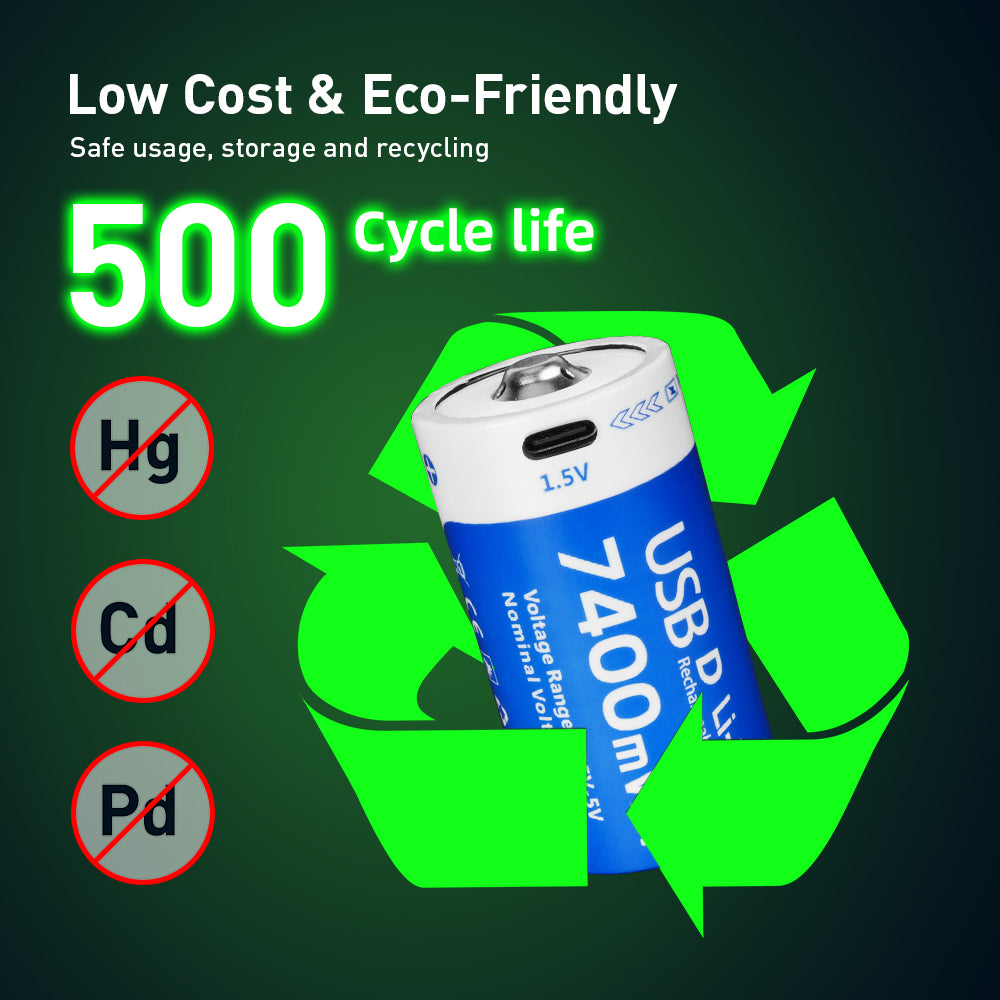 1.5V D size Lithium 7400mWh batteries 4-pack, Rechargeable lithium battery