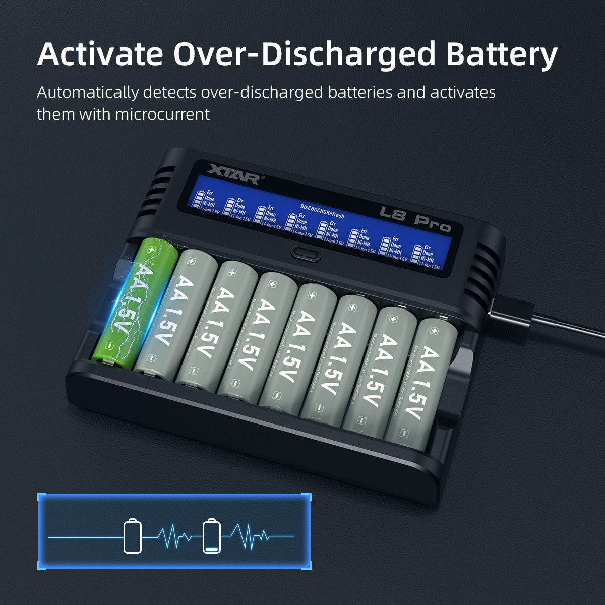 XTAR L8 Pro 8-Slot Smart Battery Charger – AA & AAA NiMH/Li-ion, LCD Display, USB-C