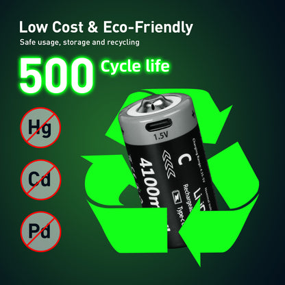 1.5V C size Lithium 4100mWh batteries 4-pack, Rechargeable lithium battery
