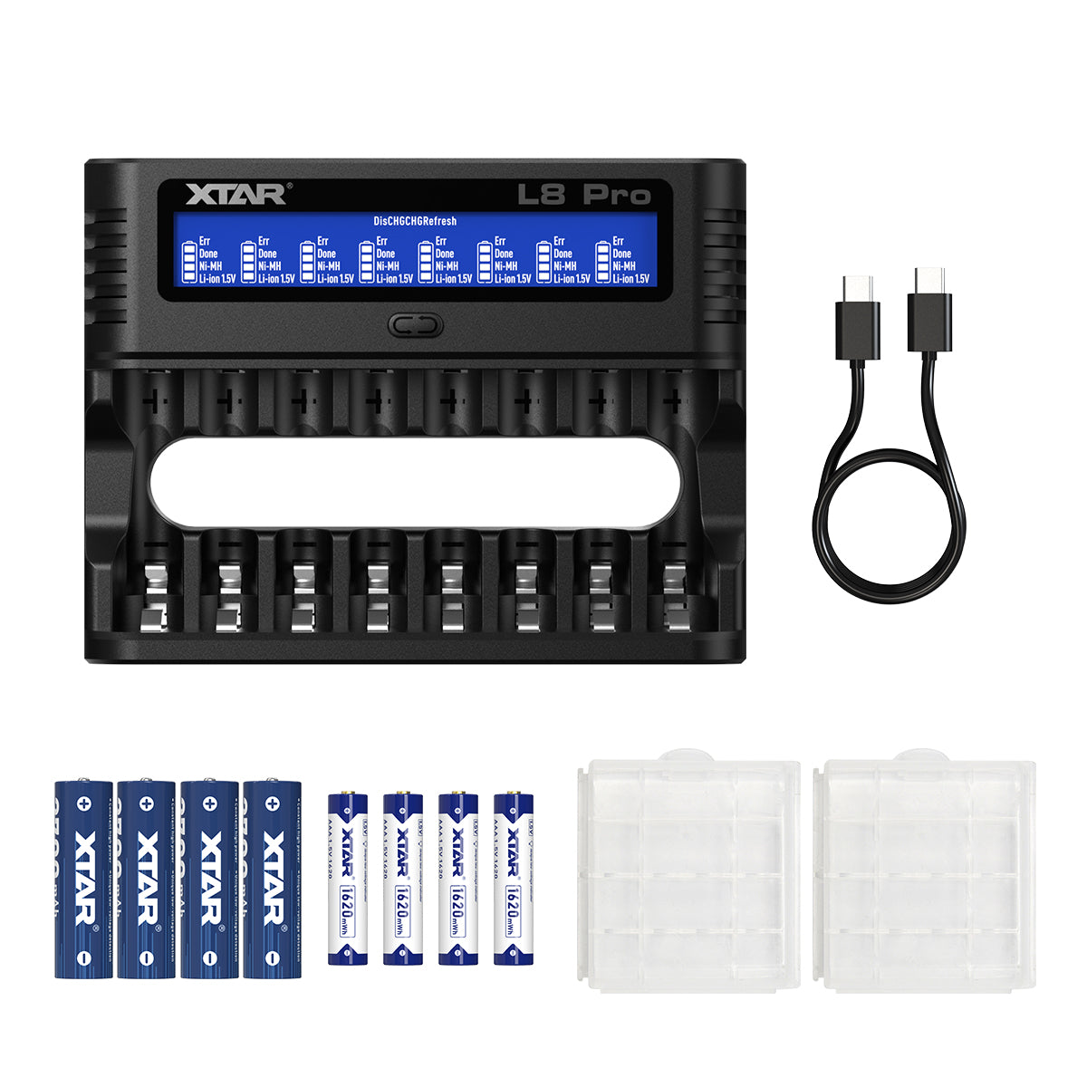 XTAR L8 Pro 8-Slot Smart Battery Charger – AA & AAA NiMH/Li-ion, LCD Display, USB-C