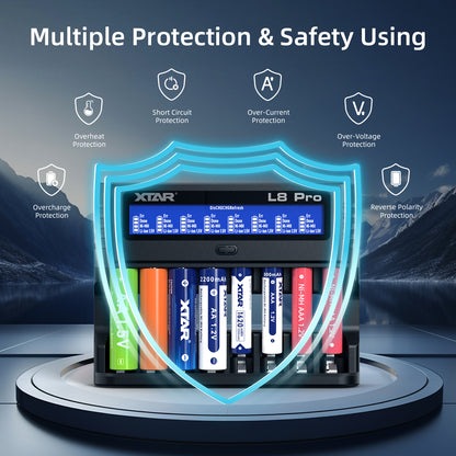 XTAR L8 Pro 8-Slot Smart Battery Charger – AA & AAA NiMH/Li-ion, LCD Display, USB-C