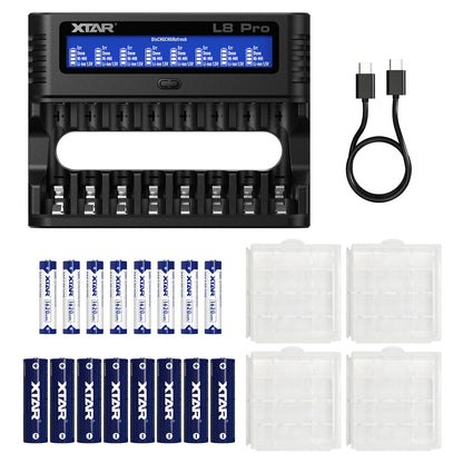 XTAR L8 Pro 8-Slot Smart Battery Charger – AA & AAA NiMH/Li-ion, LCD Display, USB-C