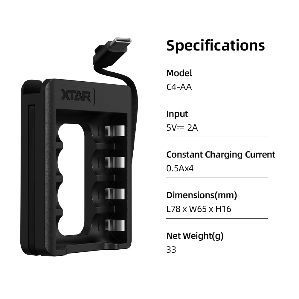 XTAR 1.5V AA 4000mWh Rechargeable Li-ion Battery, with C4-AA charger