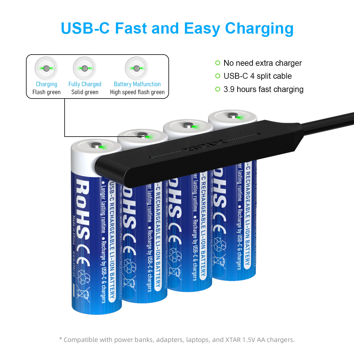XTAR Rechargeable Li-ion Battery 1.5V AA LR 3000mAh USB-C