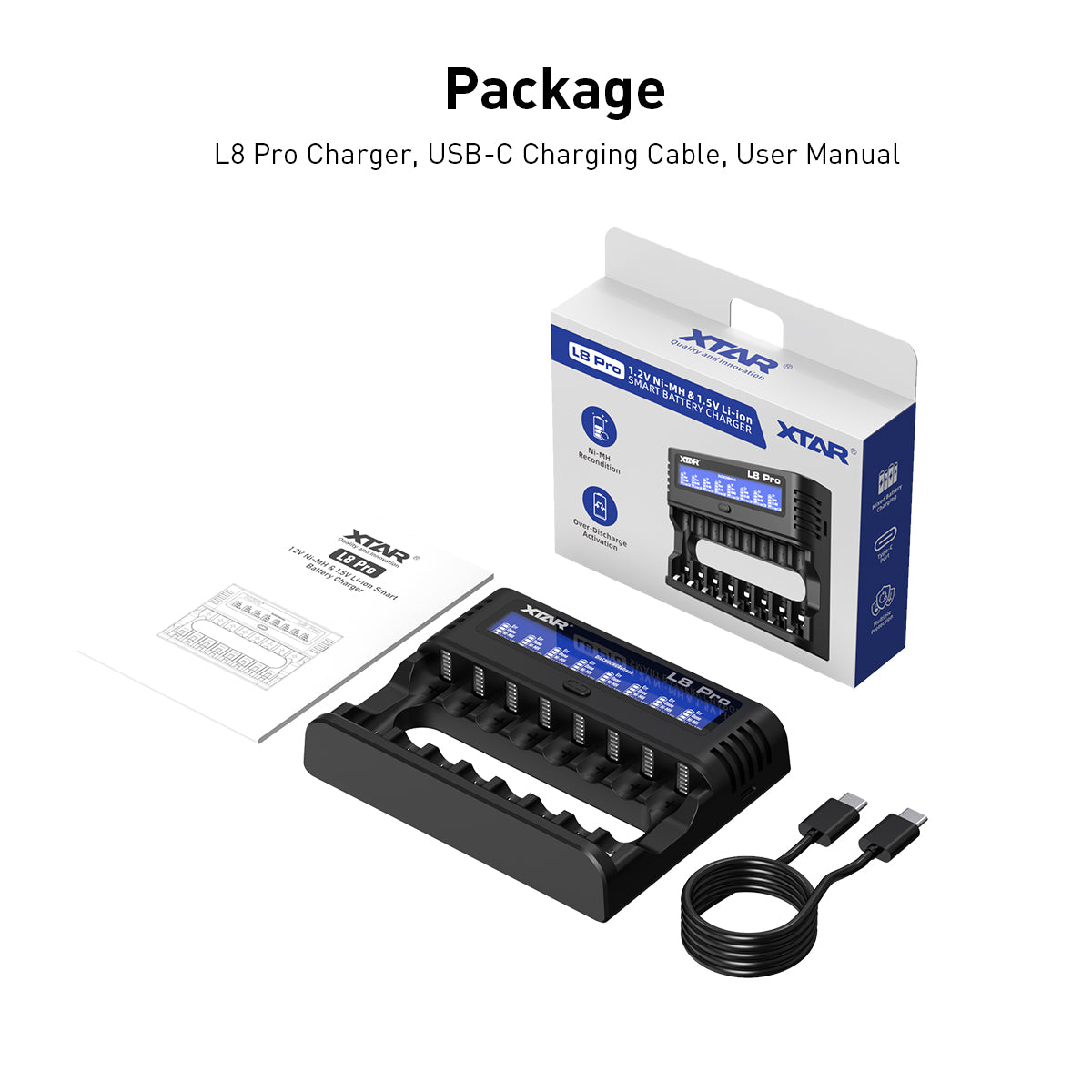 XTAR L8 Pro 8-Slot Smart Battery Charger – AA & AAA NiMH/Li-ion, LCD Display, USB-C