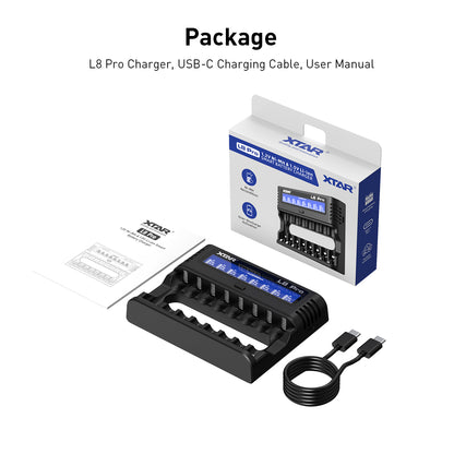 XTAR L8 Pro 8-Slot Smart Battery Charger – AA & AAA NiMH/Li-ion, LCD Display, USB-C