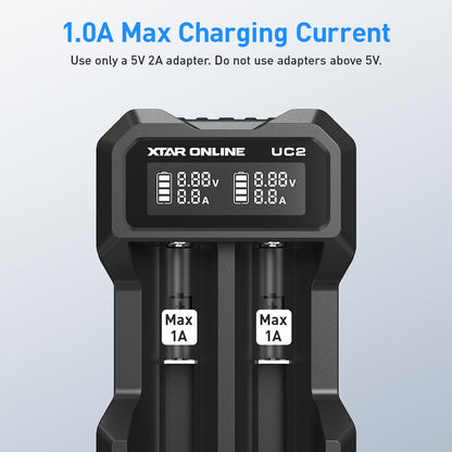 XTAR UC2 2-Bay 3.6V/3.7V Li-ion Battery Charger for 10440, 14500, 16340, 18650, 21700 battery