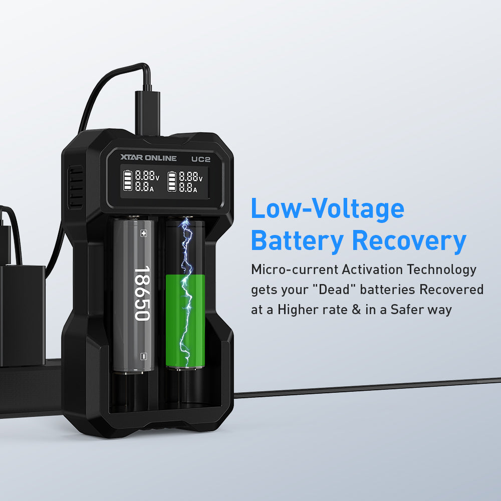 XTAR UC2 2-Bay 3.6V/3.7V Li-ion Battery Charger for 10440, 14500, 16340, 18650, 21700 battery