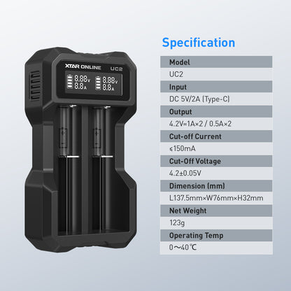 XTAR UC2 2-Bay 3.6V/3.7V Li-ion Battery Charger for 10440, 14500, 16340, 18650, 21700 battery