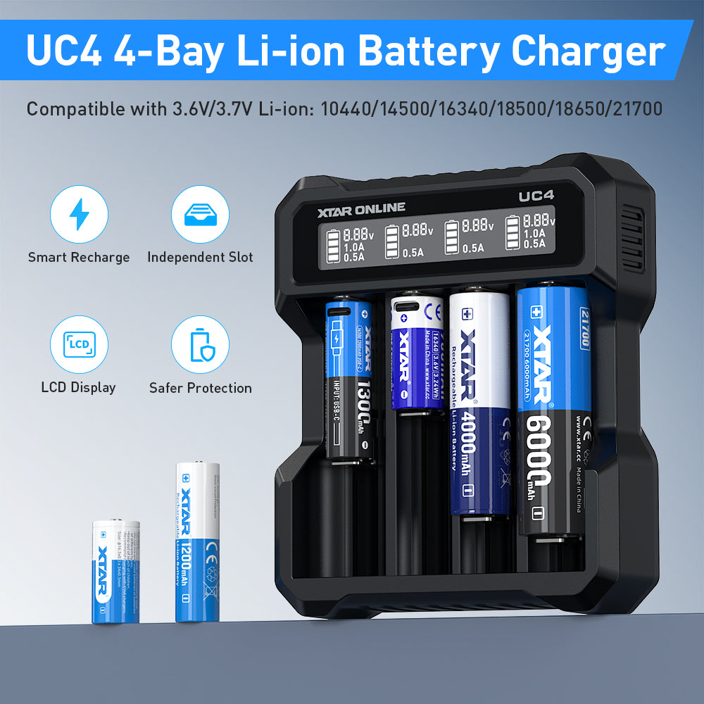 XTAR UC4 4-Bay 3.6V/3.7V Li-ion Battery Charger for 10440, 14500, 16340, 18650, 21700 battery
