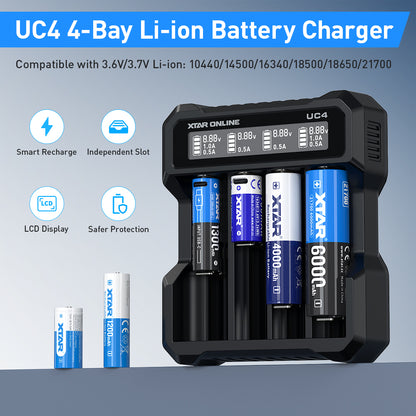 XTAR UC4 4-Bay 3.6V/3.7V Li-ion Battery Charger for 10440, 14500, 16340, 18650, 21700 battery