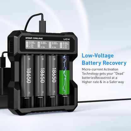 XTAR UC4 4-Bay 3.6V/3.7V Li-ion Battery Charger for 10440, 14500, 16340, 18650, 21700 battery