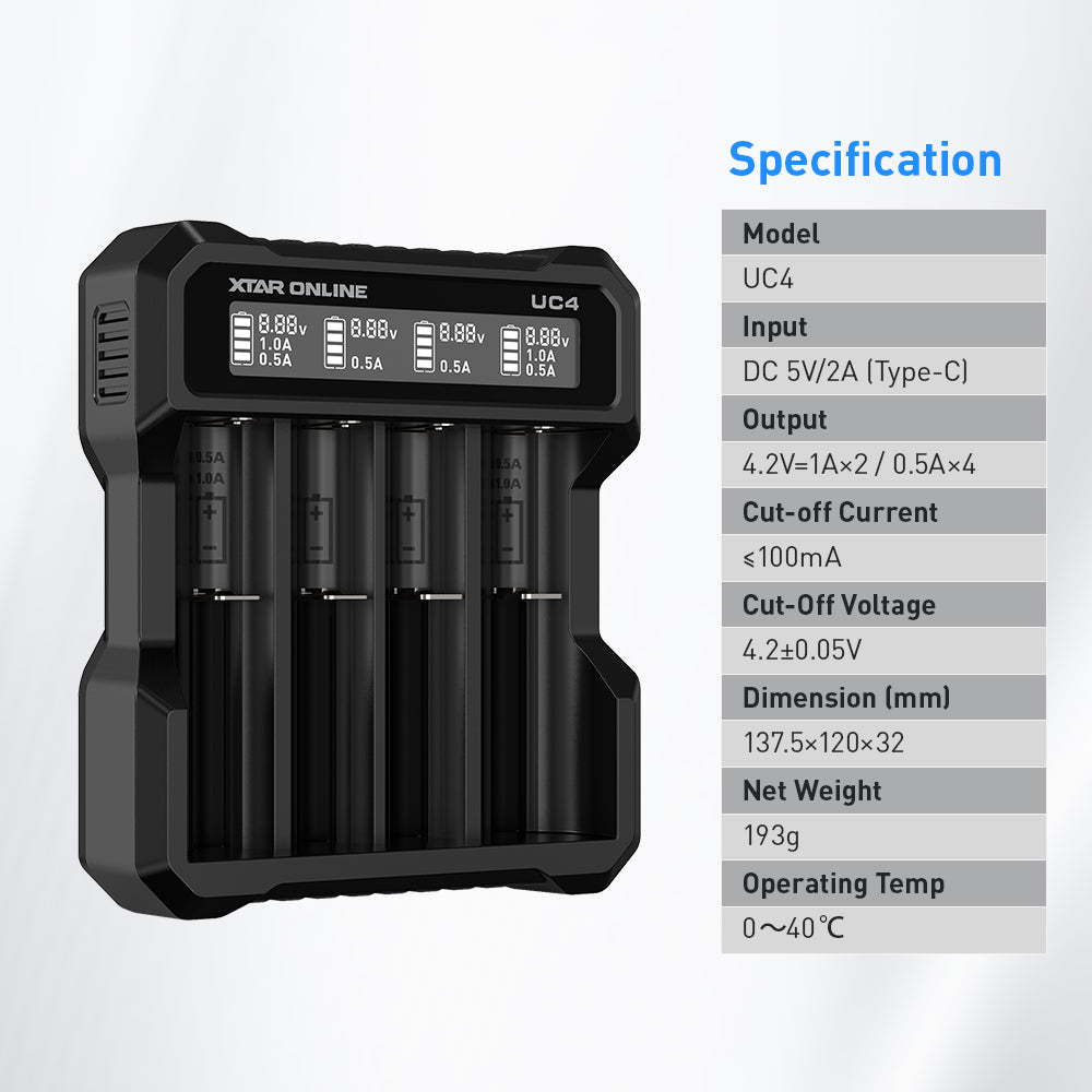XTAR UC4 4-Bay 3.6V/3.7V Li-ion Battery Charger for 10440, 14500, 16340, 18650, 21700 battery