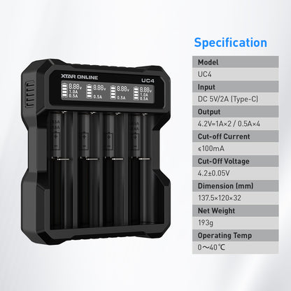 XTAR UC4 4-Bay 3.6V/3.7V Li-ion Battery Charger for 10440, 14500, 16340, 18650, 21700 battery