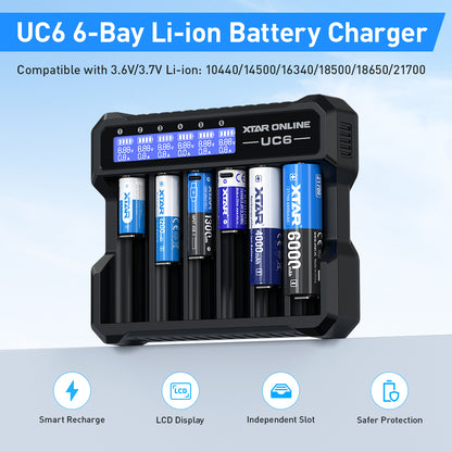 XTAR UC6 6-Bay 3.6V/3.7V Li-ion Battery Charger for 10440, 14500, 16340, 18650, 21700 battery