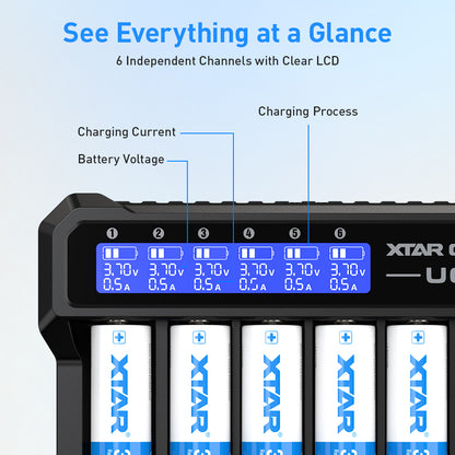 XTAR UC6 6-Bay 3.6V/3.7V Li-ion Battery Charger for 10440, 14500, 16340, 18650, 21700 battery