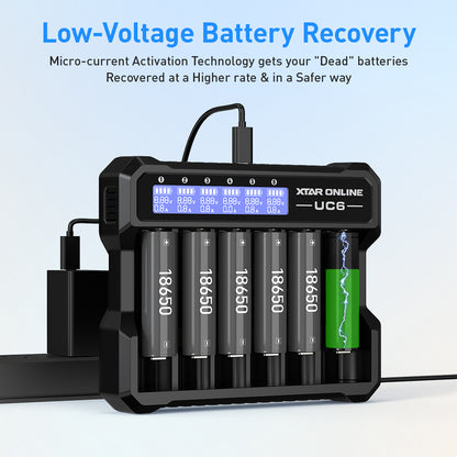 XTAR UC6 6-Bay 3.6V/3.7V Li-ion Battery Charger for 10440, 14500, 16340, 18650, 21700 battery