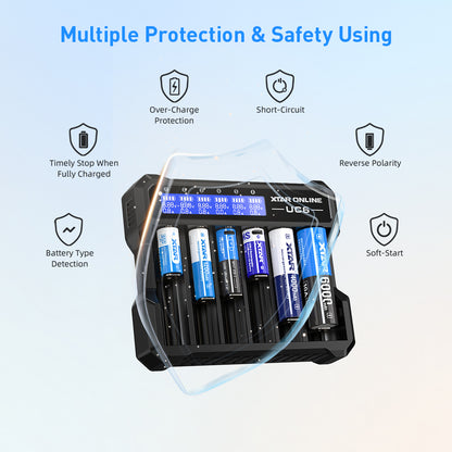 XTAR UC6 6-Bay 3.6V/3.7V Li-ion Battery Charger for 10440, 14500, 16340, 18650, 21700 battery