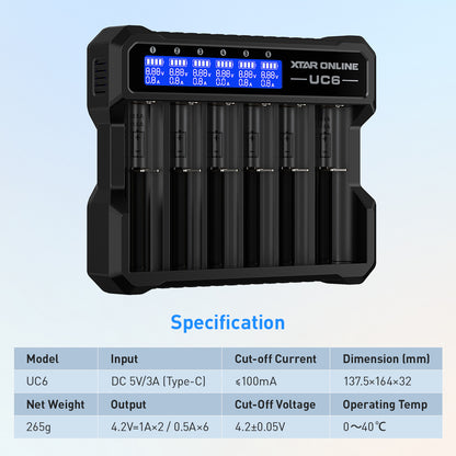 XTAR UC6 6-Bay 3.6V/3.7V Li-ion Battery Charger for 10440, 14500, 16340, 18650, 21700 battery