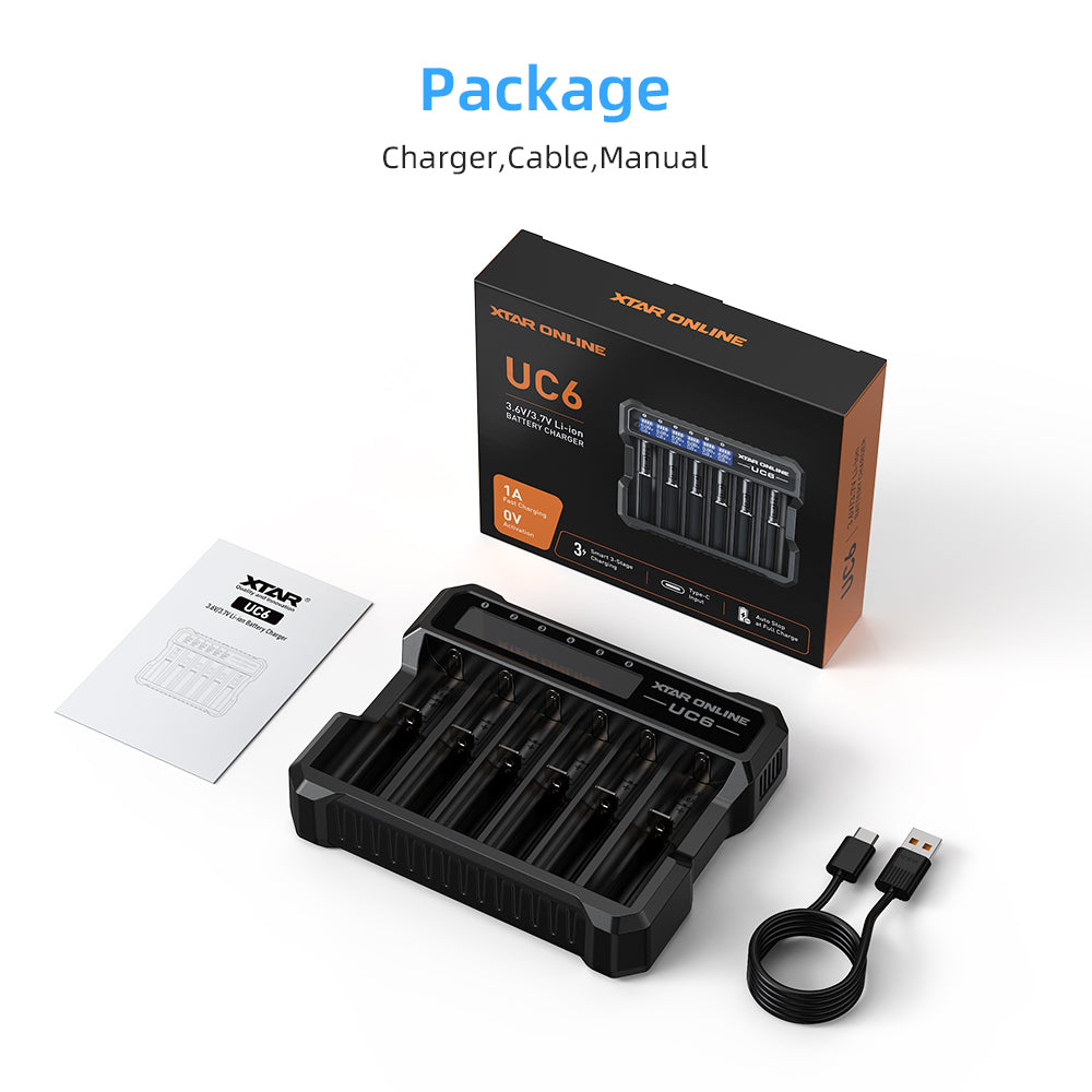 XTAR UC6 6-Bay 3.6V/3.7V Li-ion Battery Charger for 10440, 14500, 16340, 18650, 21700 battery