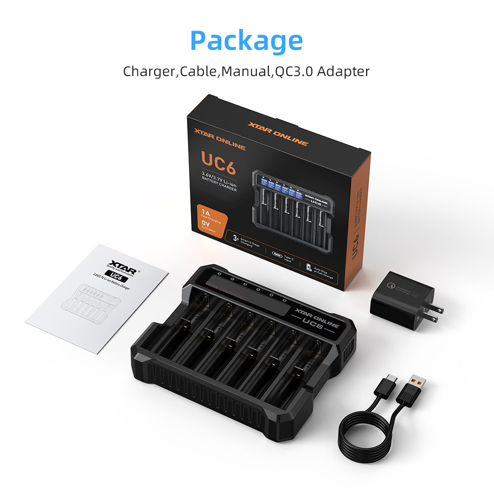 XTAR UC6 6-Bay 3.6V/3.7V Li-ion Battery Charger for 10440, 14500, 16340, 18650, 21700 battery