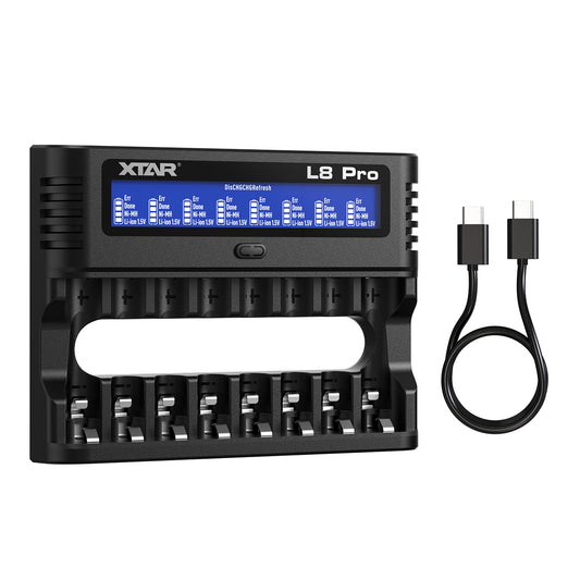 XTAR L8 Pro 8-Slot Smart Battery Charger – AA & AAA NiMH/Li-ion, LCD Display, USB-C