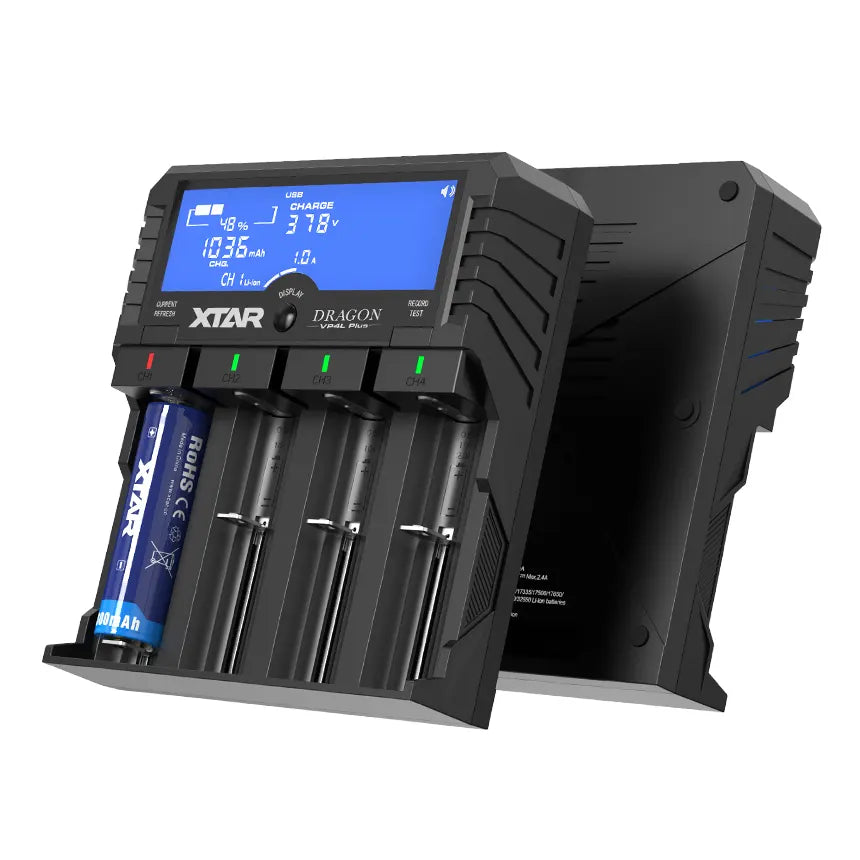 XTAR Dragon VP4L Plus Charger 4-Slots Intelligent Universal Battery Charger Analyzer tester for 14500 18650 21700 26650 32650 AAA AA C D Batteries 11.1V /3S Battery Pack